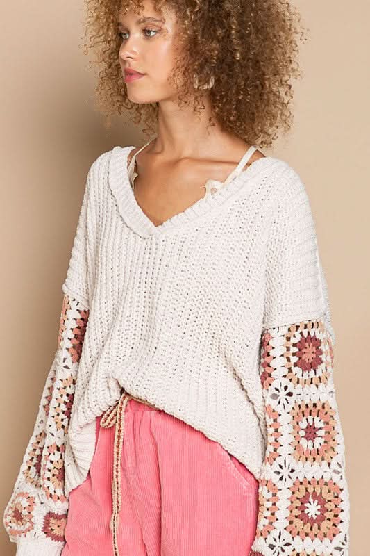 Marsha Beige Crochet Sleeve Sweater