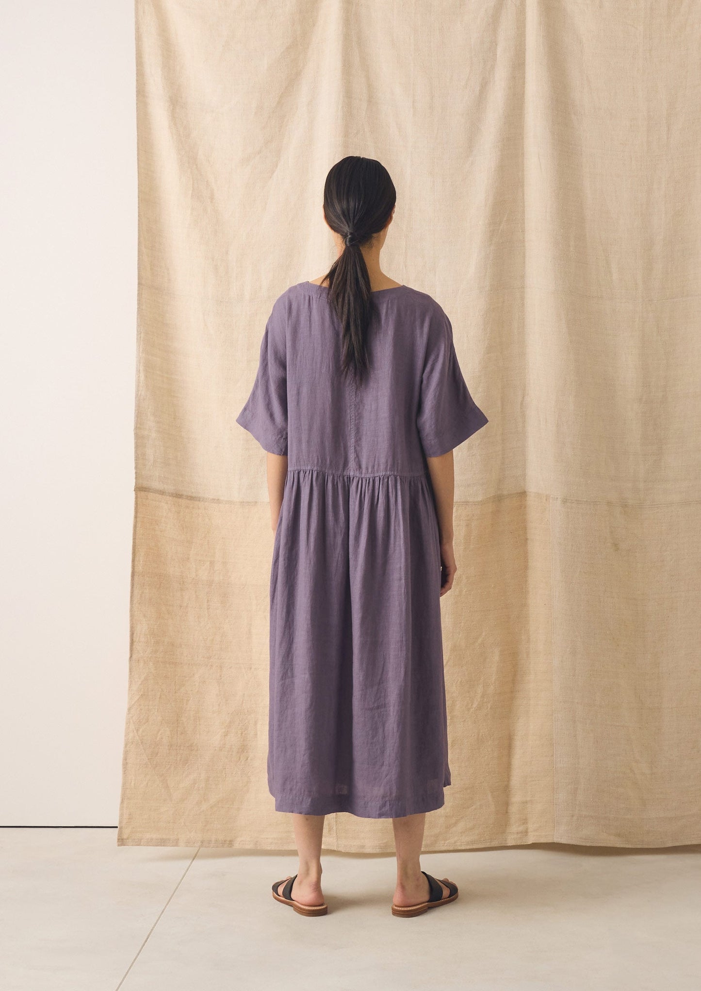 Lightweight Linen Gathered Waist Dress | Dark Thistle