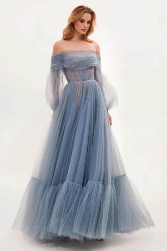 Off Shoulder Mesh Long Sleeve Prom Dress