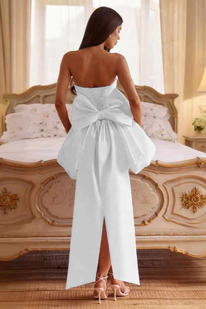Solid Color Strapless Backless Big Bow Bubble Hem Prom Dress