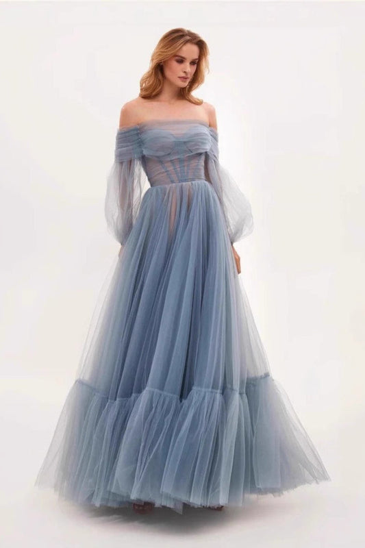 Off Shoulder Mesh Long Sleeve Prom Dress