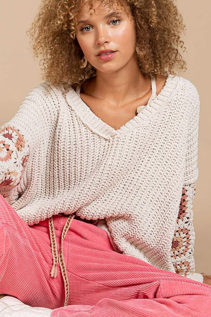 Marsha Beige Crochet Sleeve Sweater
