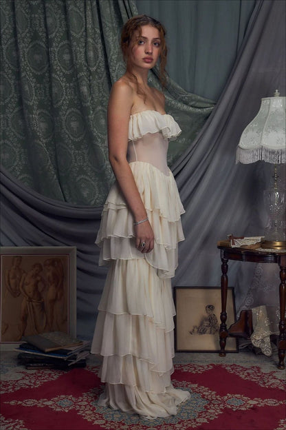 Two Piece Palace Style Strapless Tie Waist Belt Tiered Prom Dress