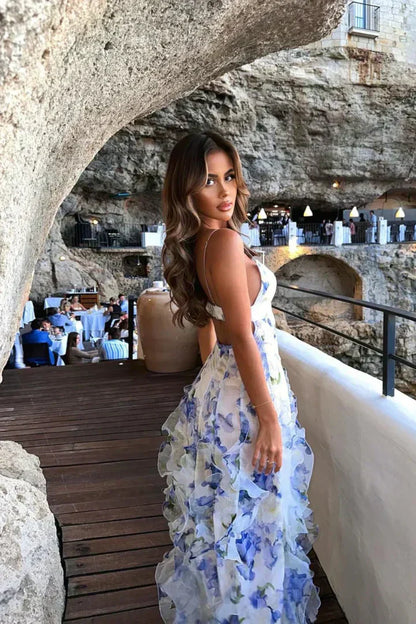 Livette - Blue And White Ruffle Maxi Dress