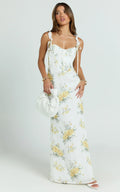 Mabel Maxi Dress - Georgette Frill Sleeve Sweetheart Bias Cut Dress in Antique Florals