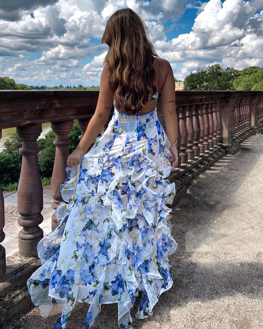 Livette - Blue And White Ruffle Maxi Dress