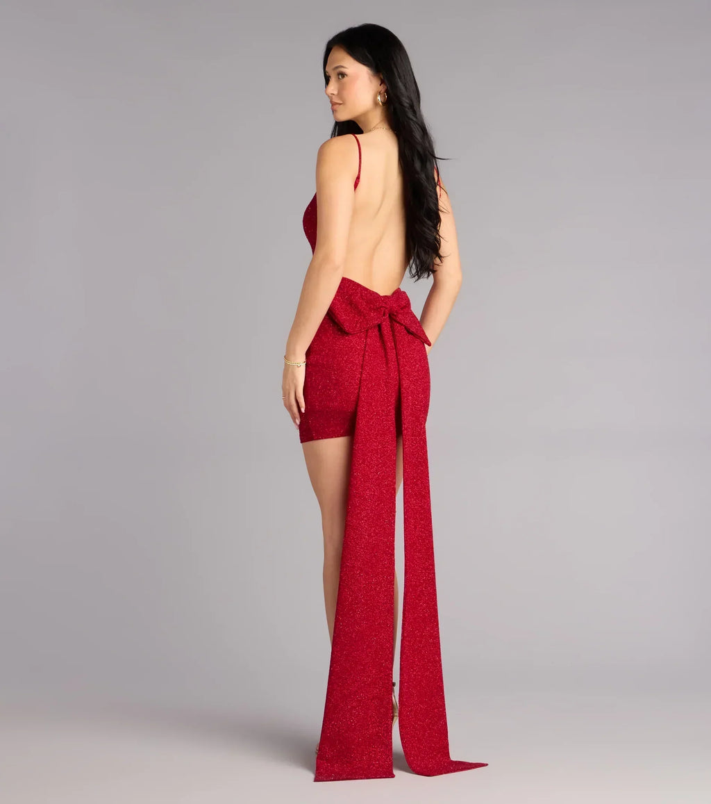 Toni Glitter Open Back Bow Mini Dress