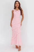 Sangria Cowl Neck Frill Maxi Dress Skin Powder