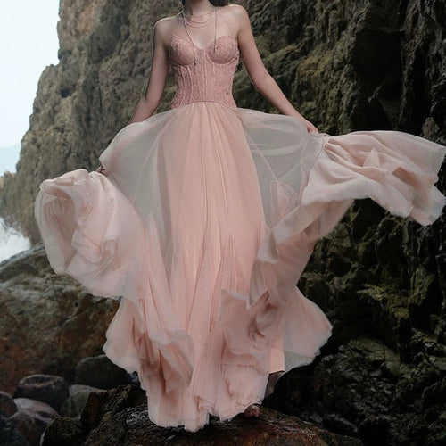 Lace Bone Tube Mesh Flared Prom Dress