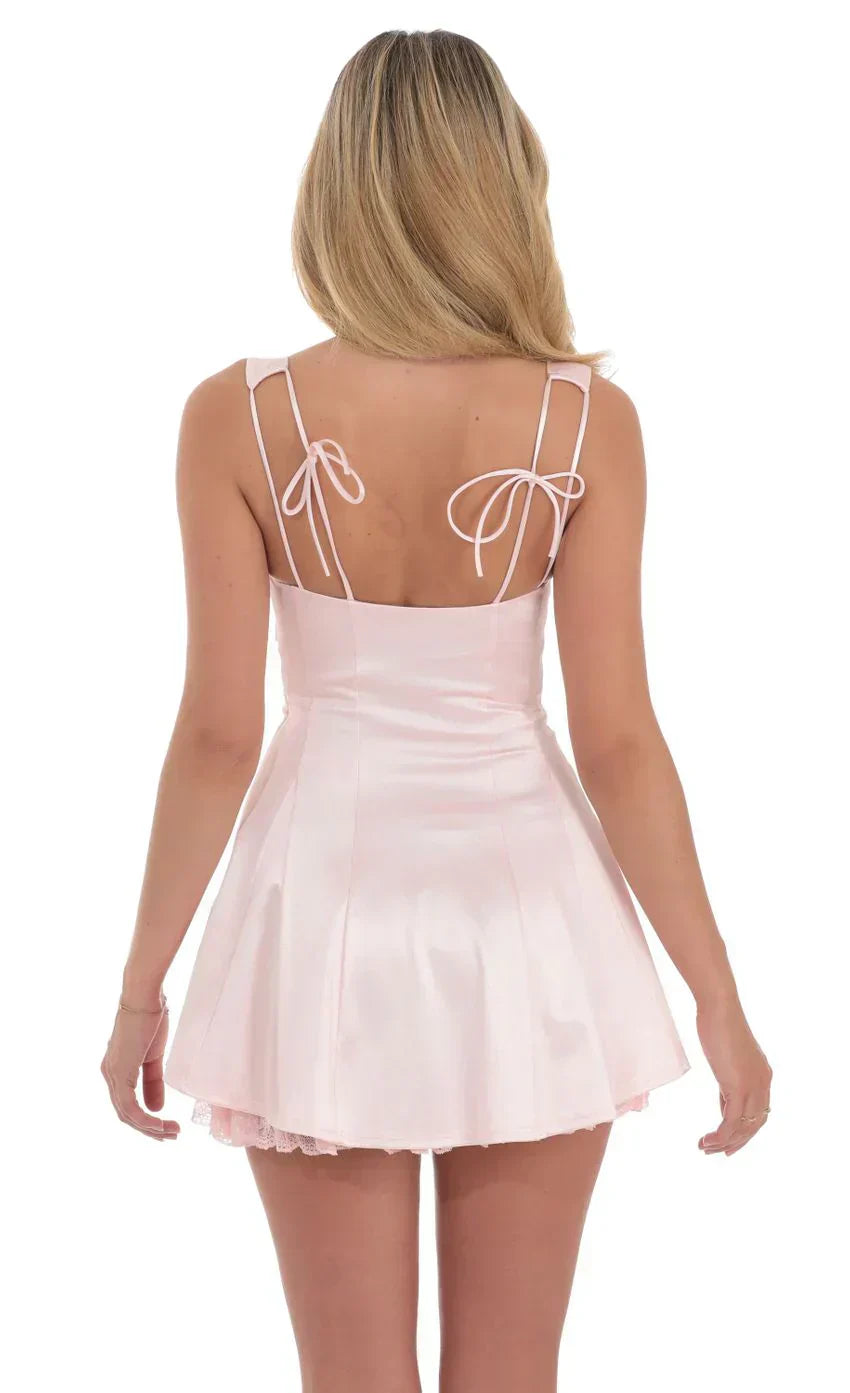 Double Bows Satin Ruffle Dress in Pink