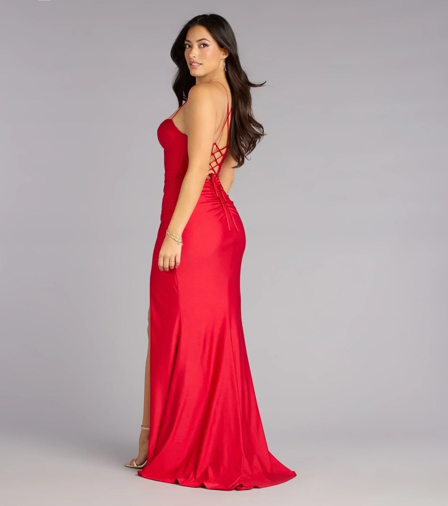 Aliana Lace-Up High Slit Mermaid Dress