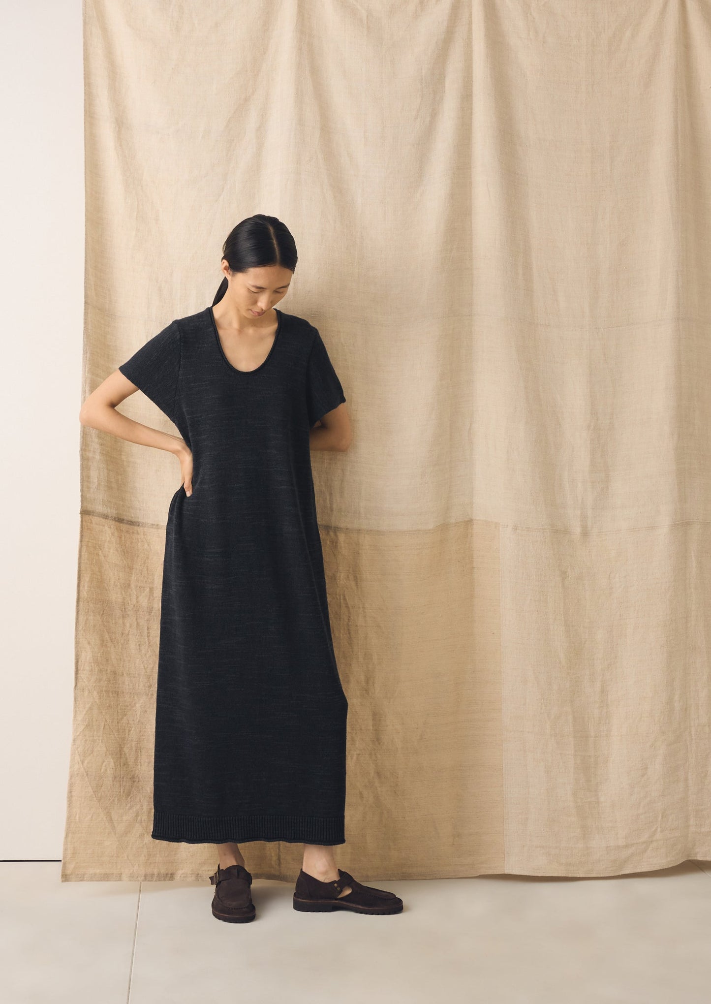 Knitted Linen Cotton T Shirt Dress | Dark Navy