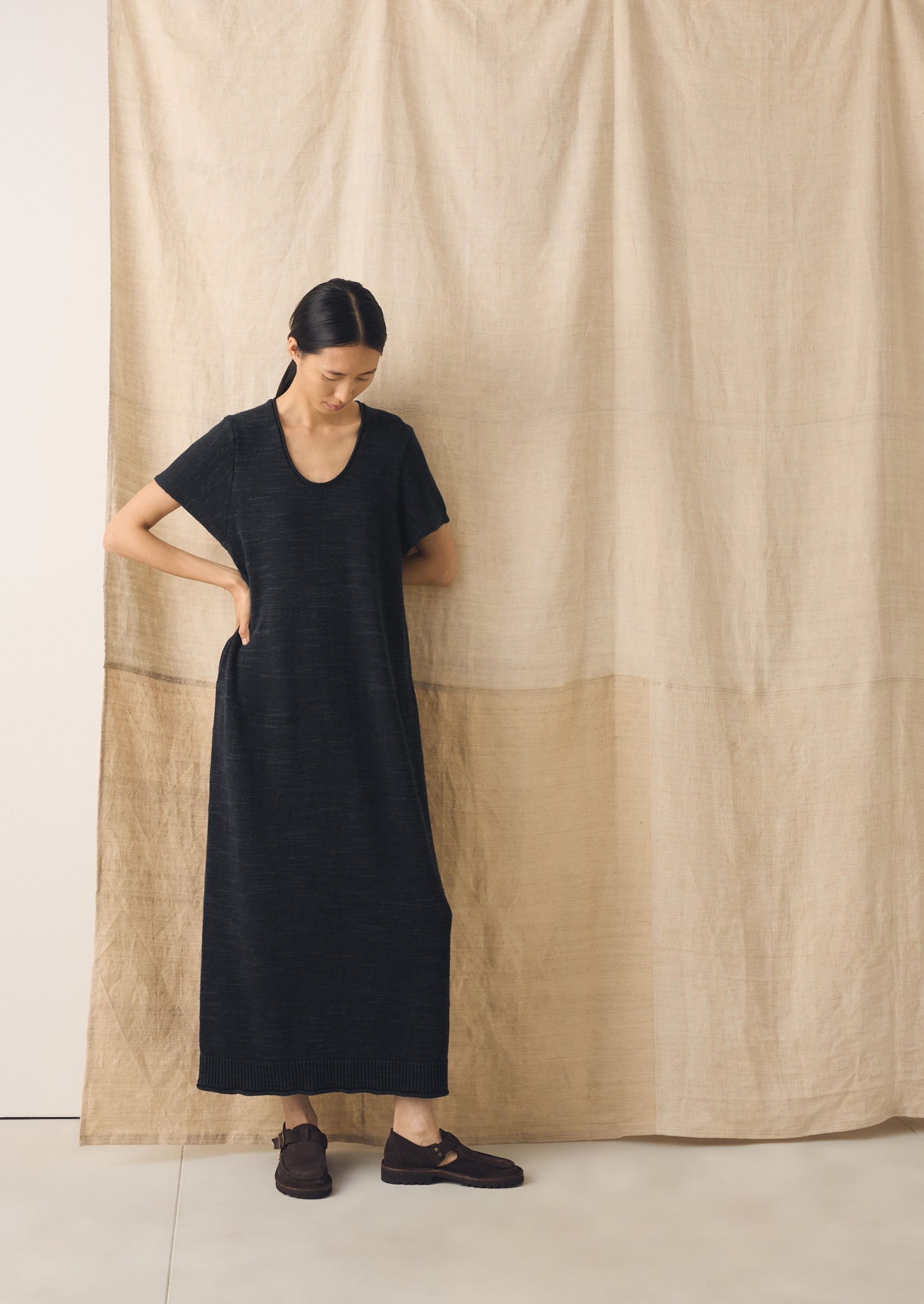 Knitted Linen Cotton T Shirt Dress | Dark Navy
