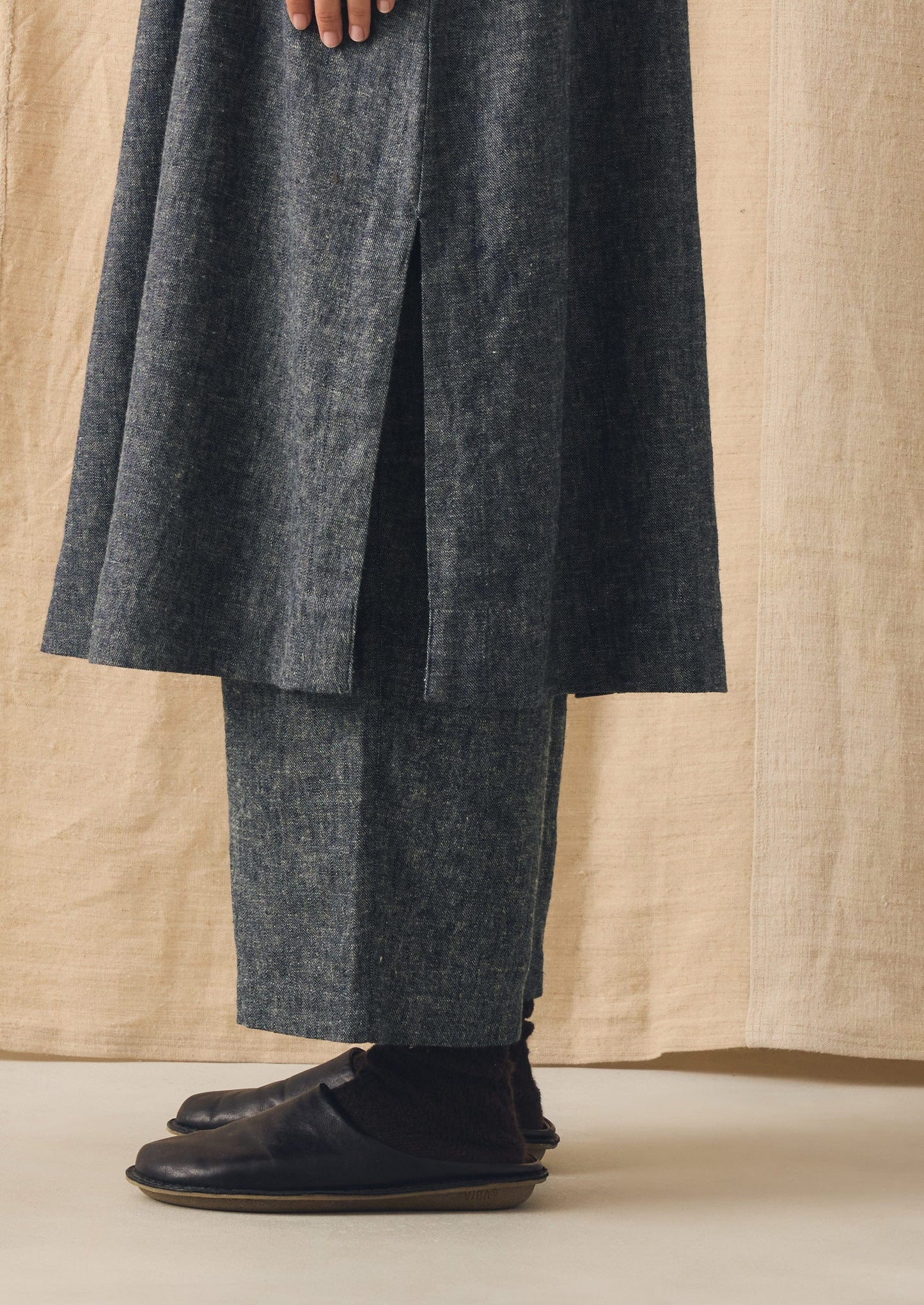 Linen Cotton Twill Apron Shift Dress | Navy/Ecru
