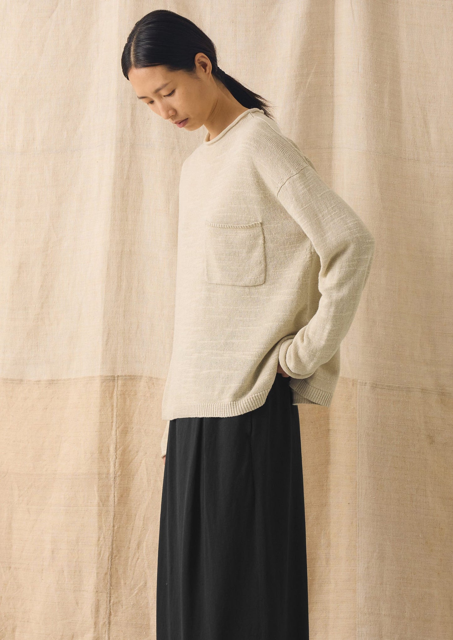 Linen Cotton Fine Knit Sweater | Parchment