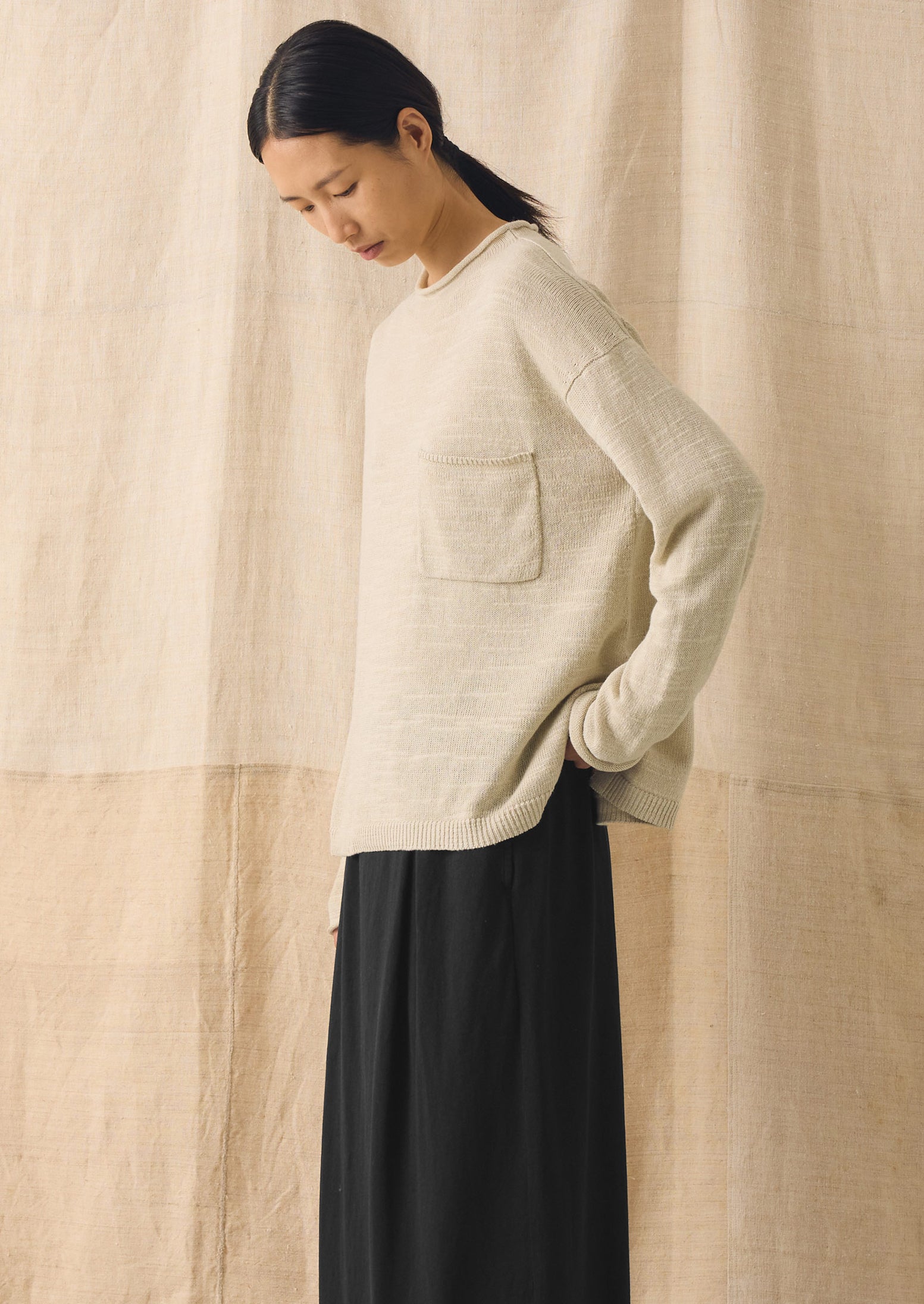 Linen Cotton Fine Knit Sweater | Parchment