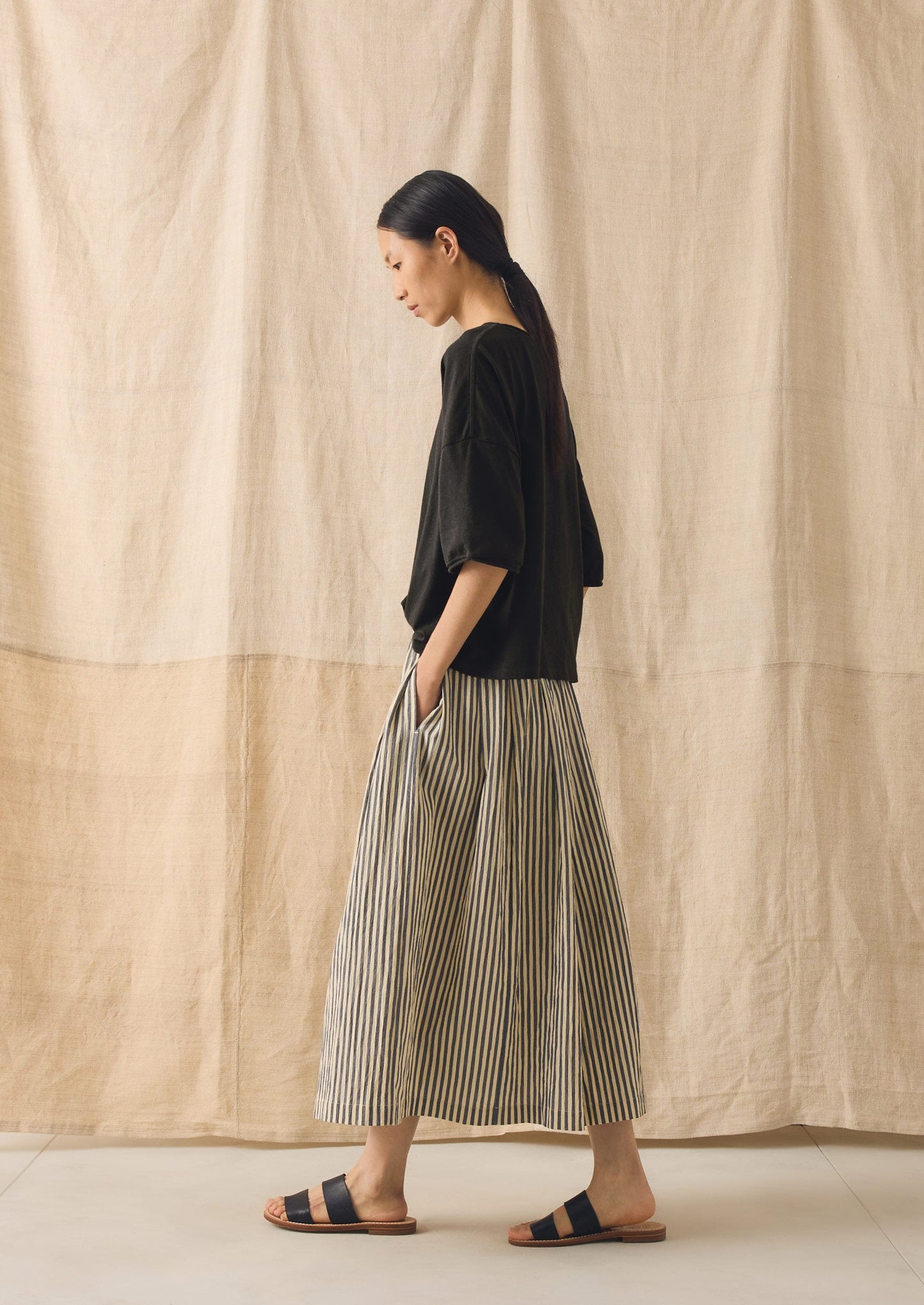 Pleated Cotton Stripe Skirt | Workshop Blue