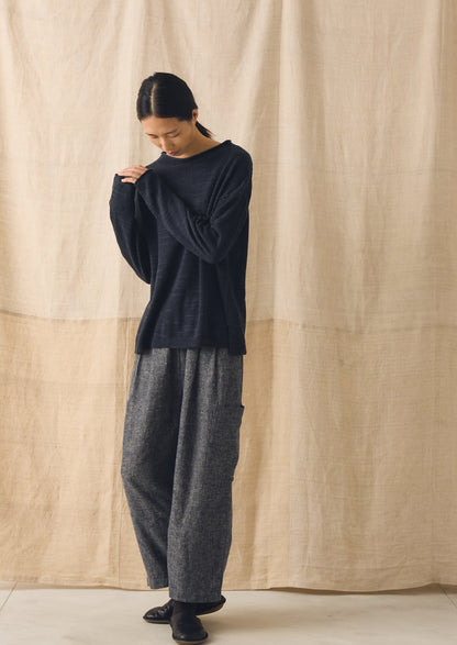 Linen Cotton Patch Pocket Trousers | Navy/Ecru