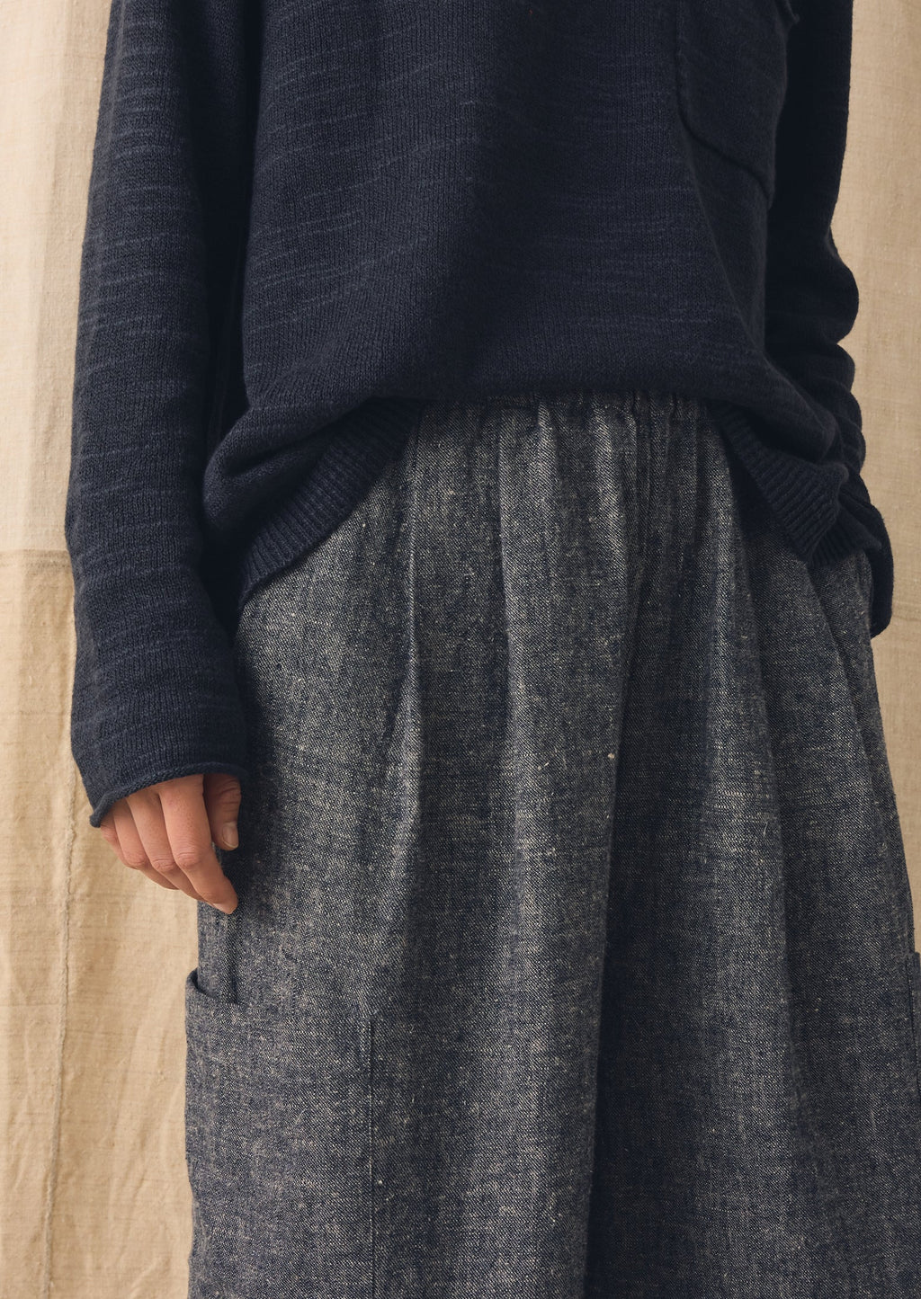 Linen Cotton Patch Pocket Trousers | Navy/Ecru