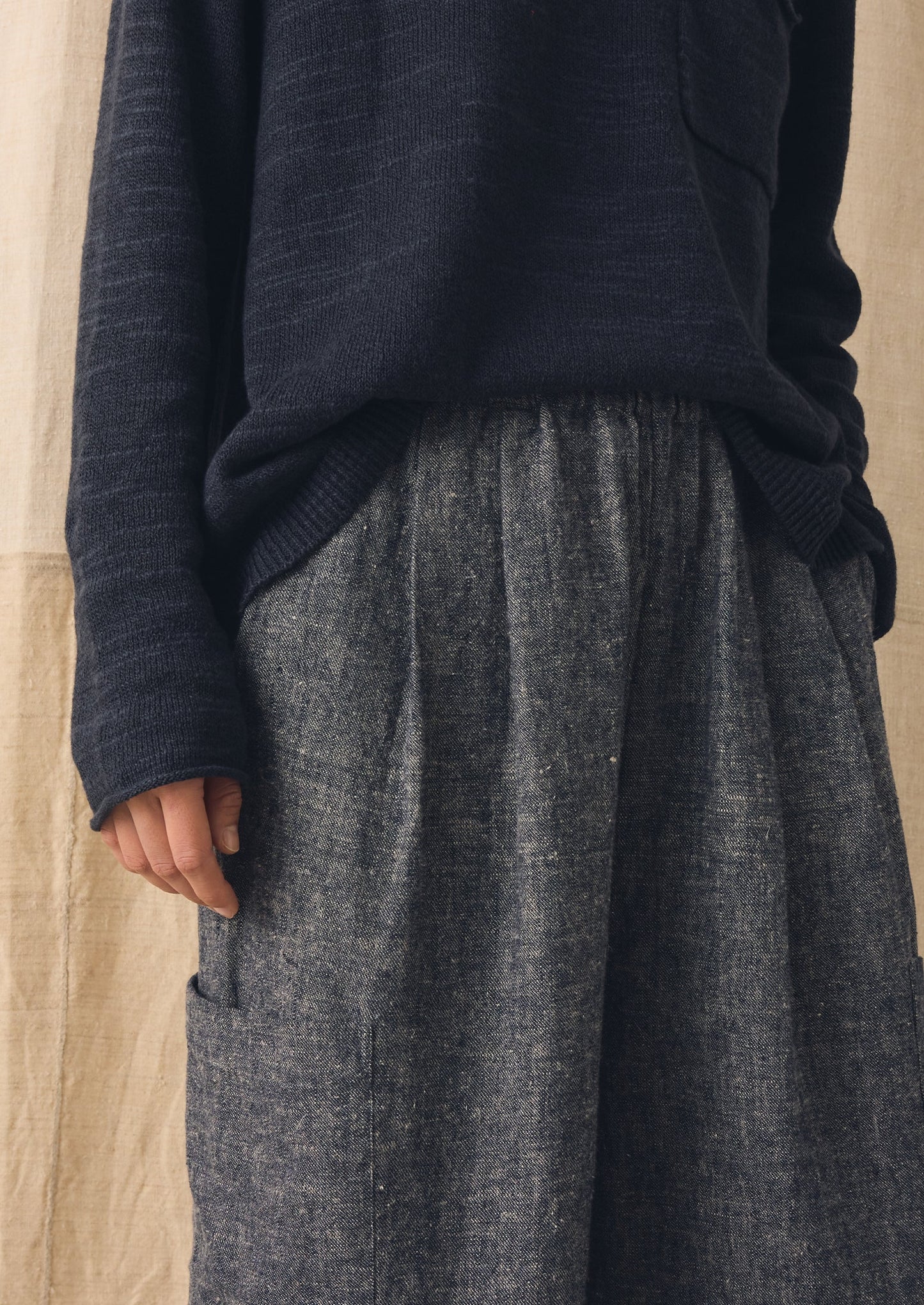 Linen Cotton Patch Pocket Trousers | Navy/Ecru