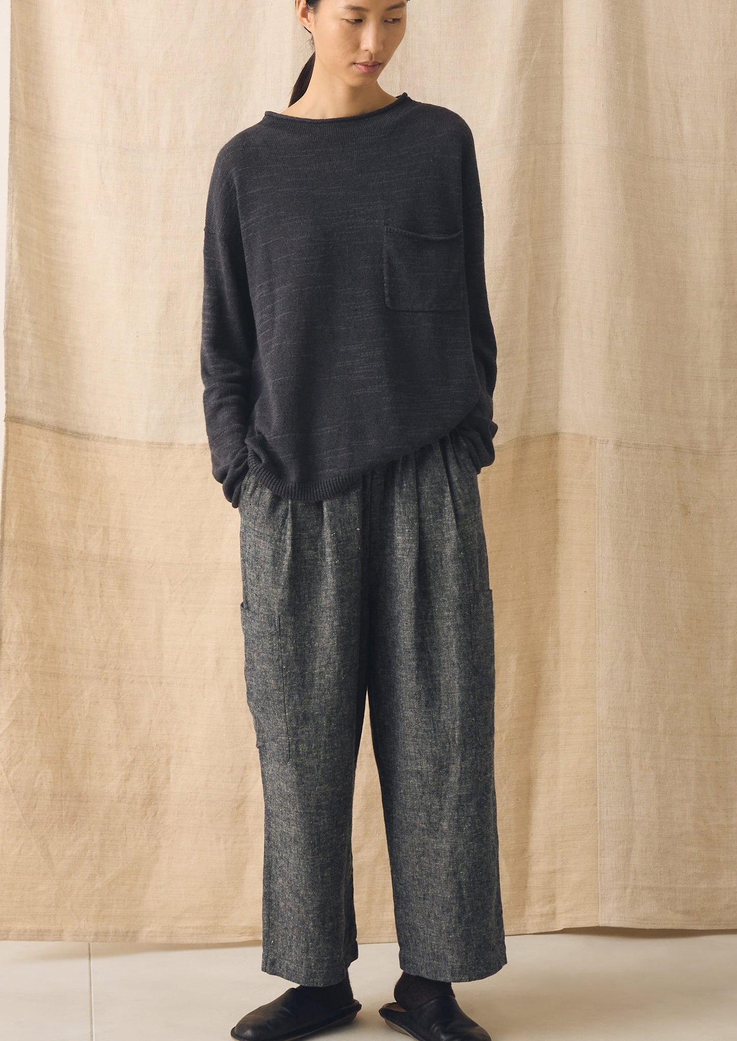 Linen Cotton Patch Pocket Trousers | Navy/Ecru