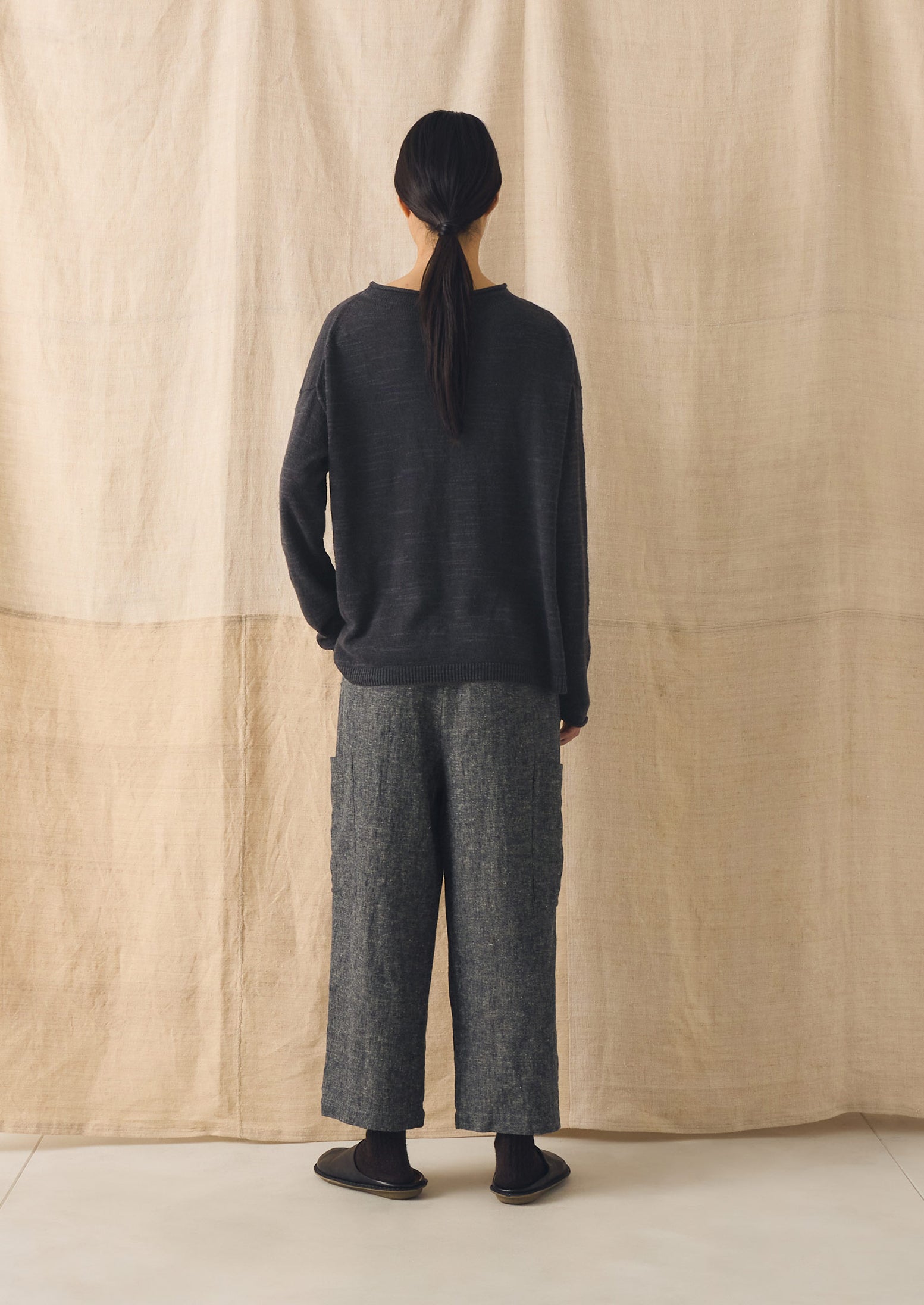 Linen Cotton Patch Pocket Trousers | Navy/Ecru