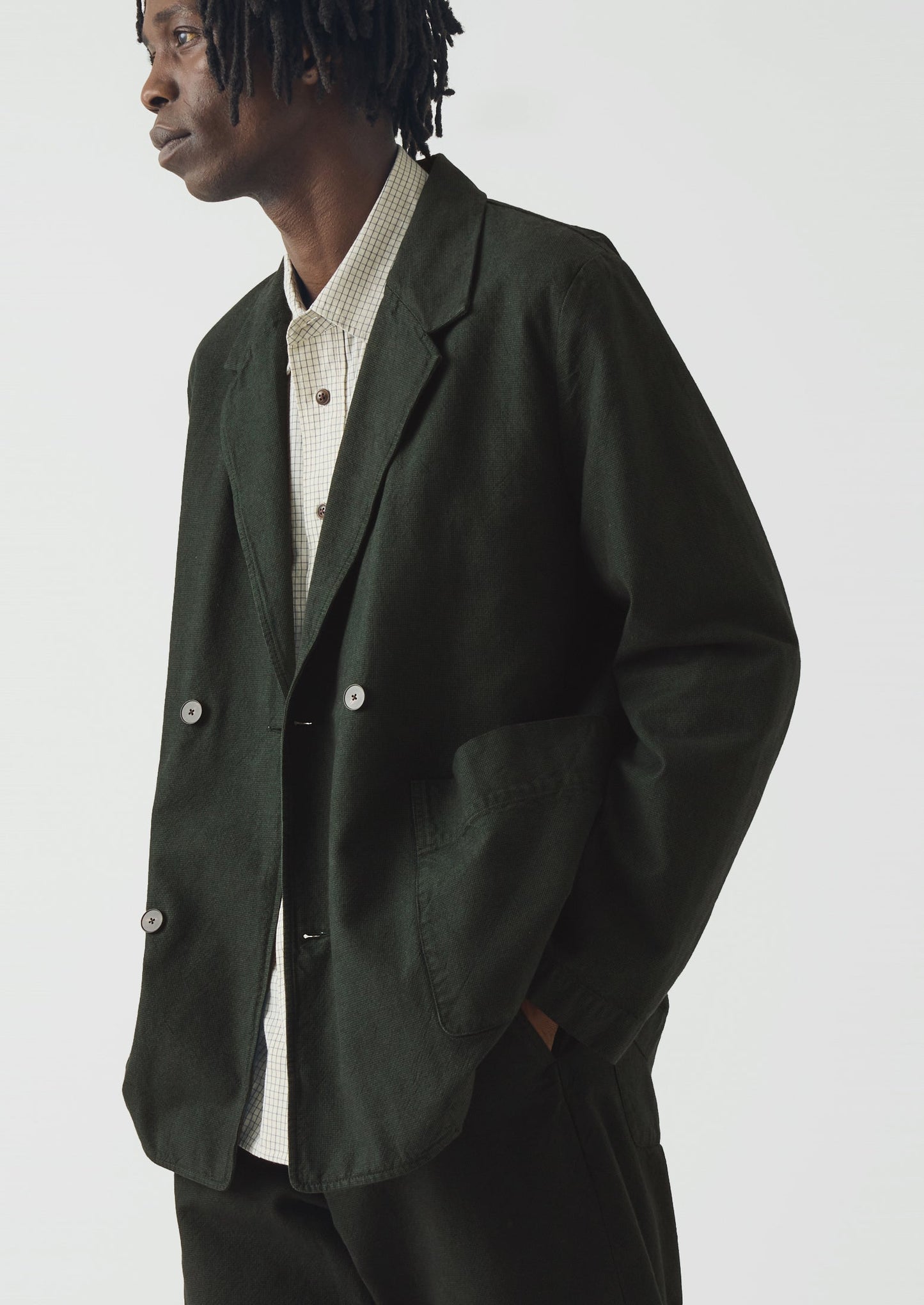 Overdyed Micro Houndstooth Cotton Blazer | Oil Green