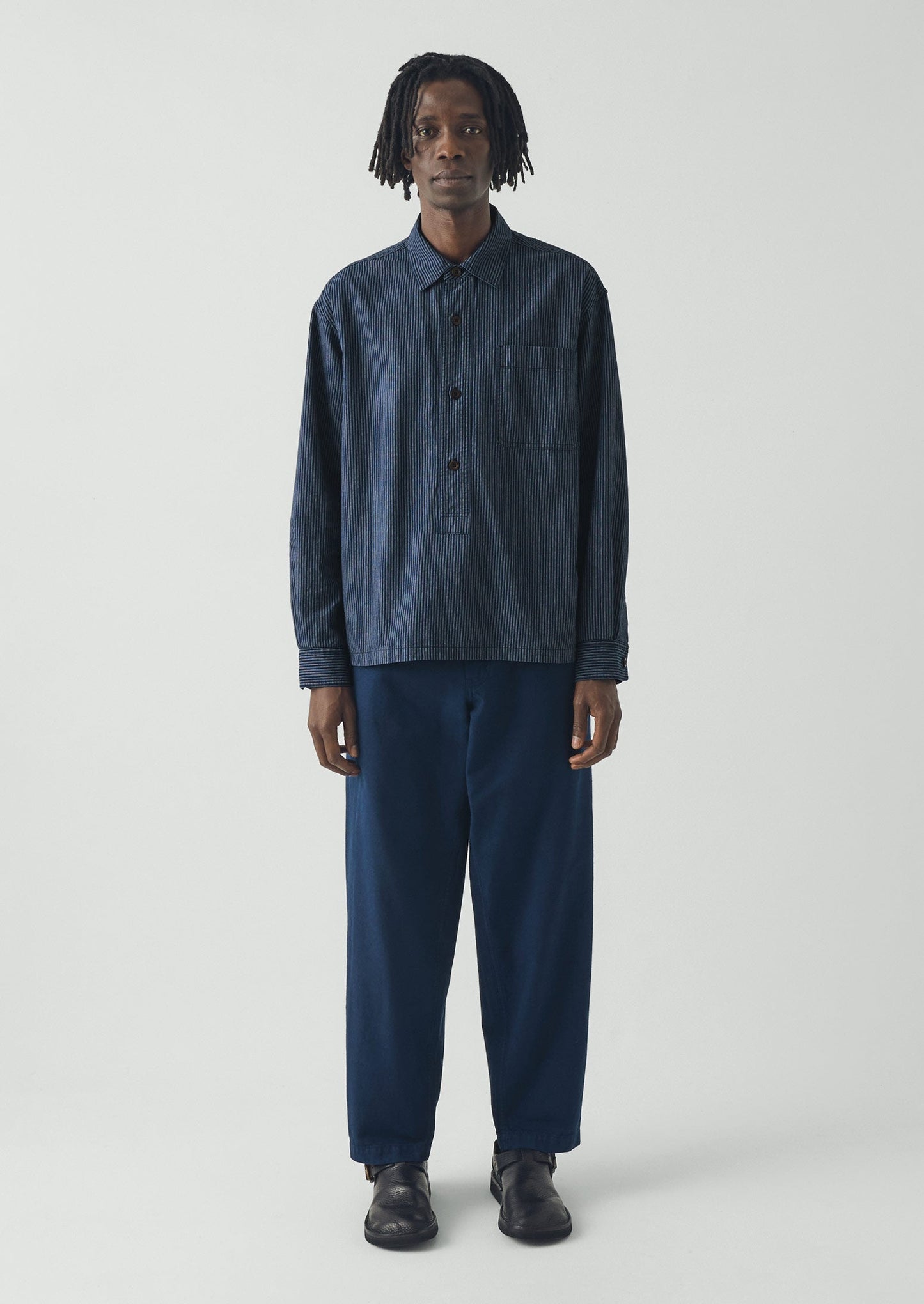 Railroad Stripe Cotton Shirt | Denim Blue