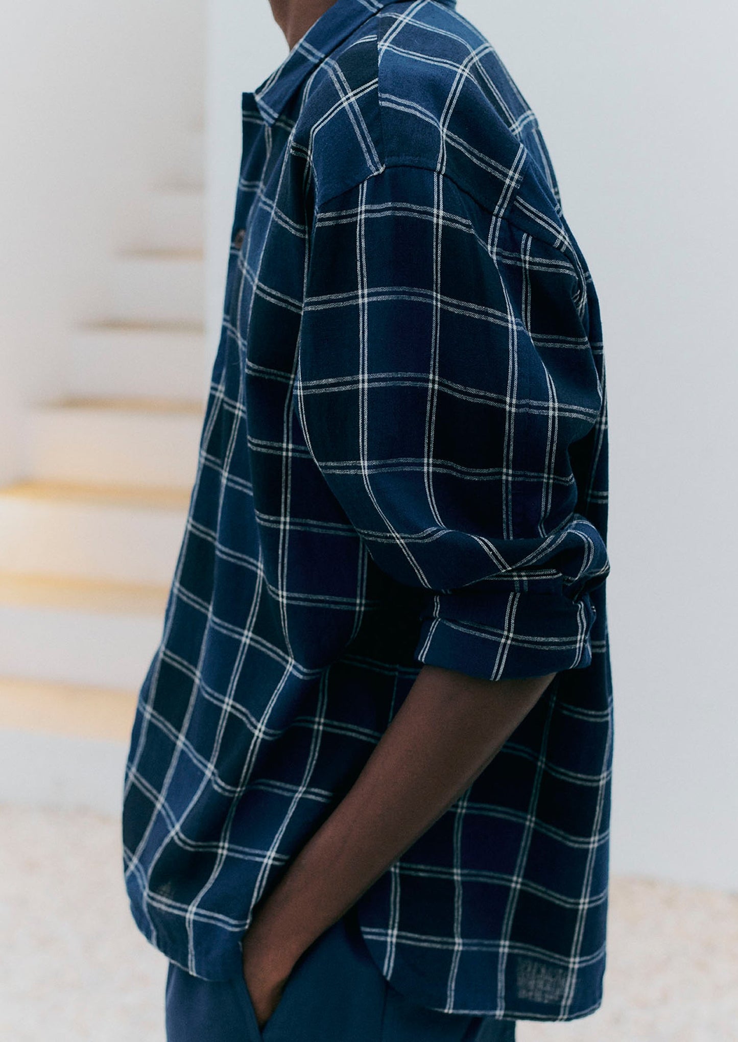 Market Check Cotton Linen Easy Shirt | Denim Blue