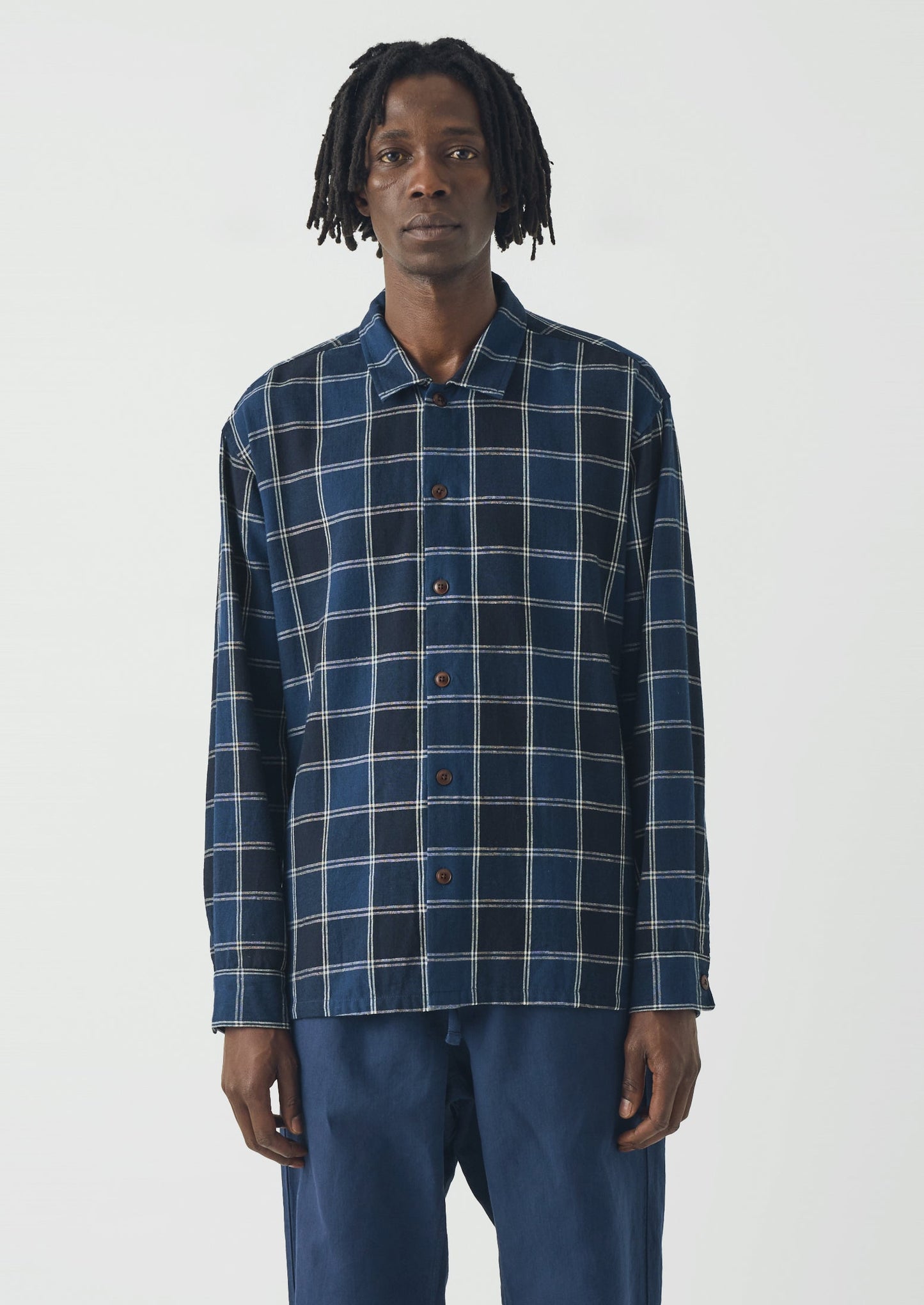 Market Check Cotton Linen Easy Shirt | Denim Blue