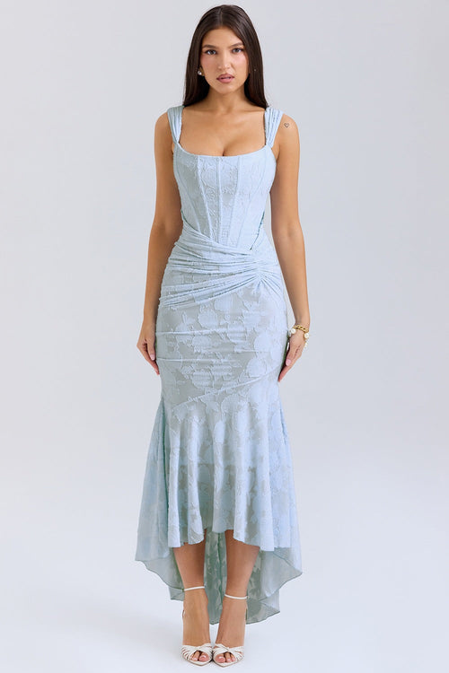 Livette - Sky Blue Floral Pattern Midi Dress