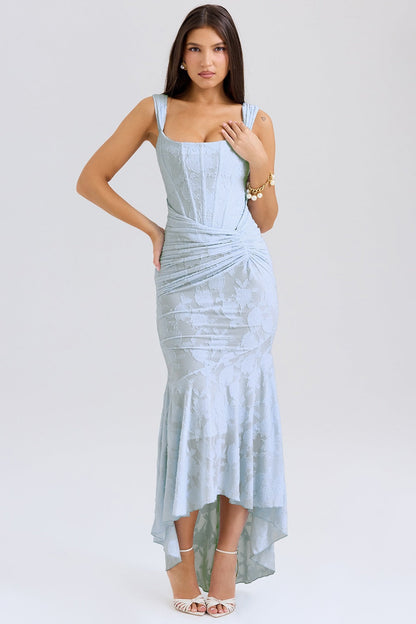 Livette - Sky Blue Floral Pattern Midi Dress