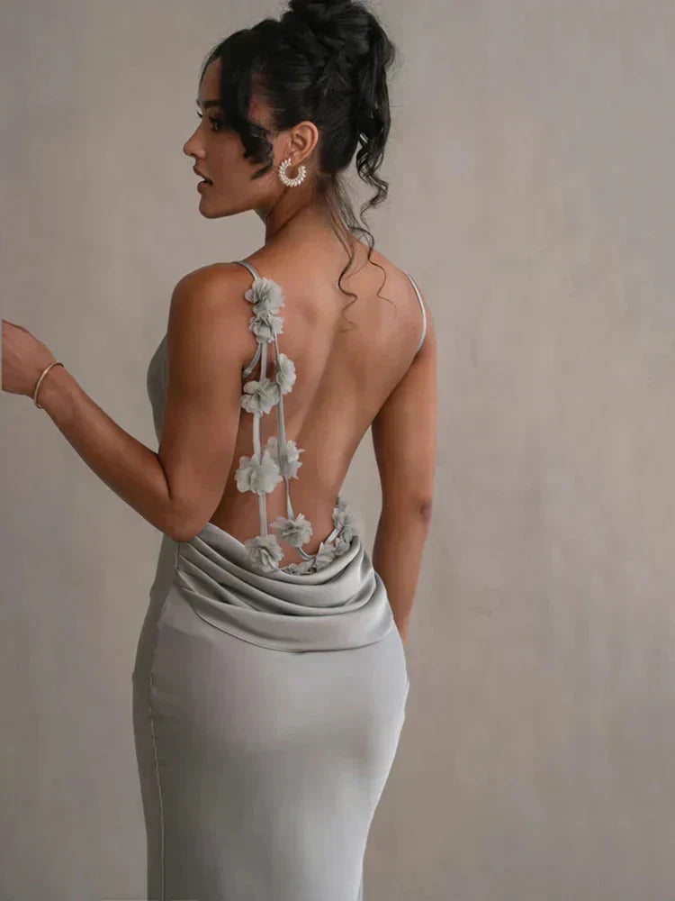 Veraïa – Satin maxi dress with floral appliqués