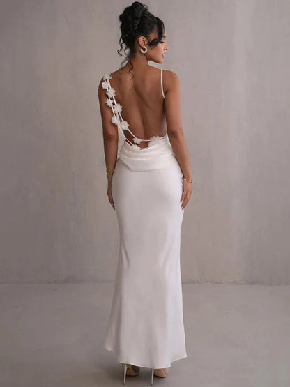 Veraïa – Satin maxi dress with floral appliqués