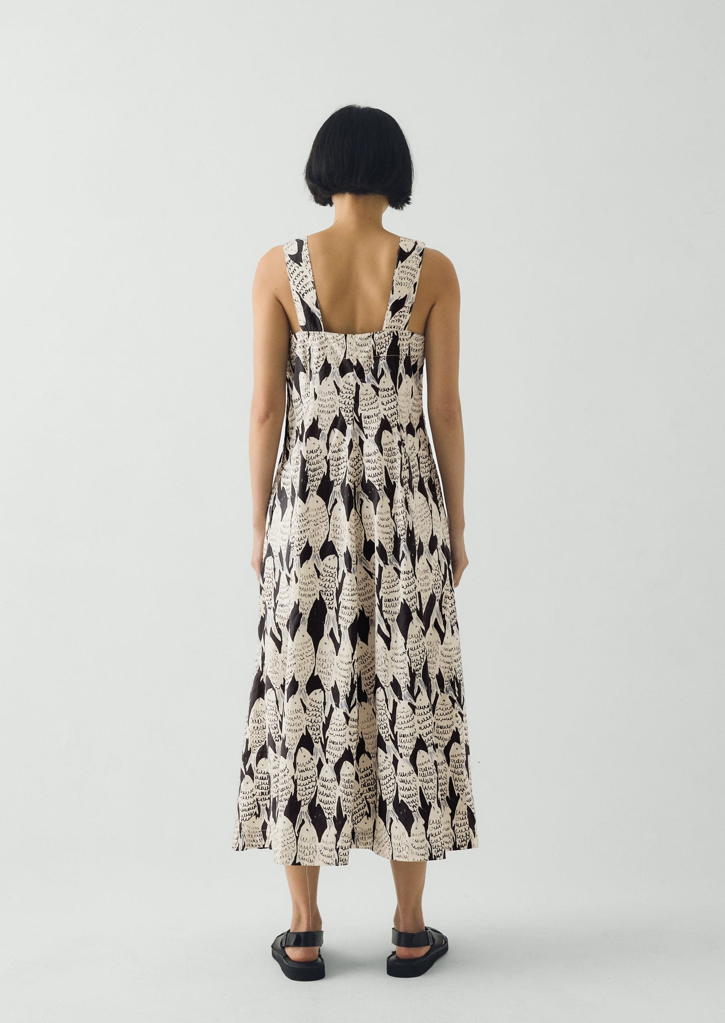 Market Fish Print Cotton Poplin Dress | Slate