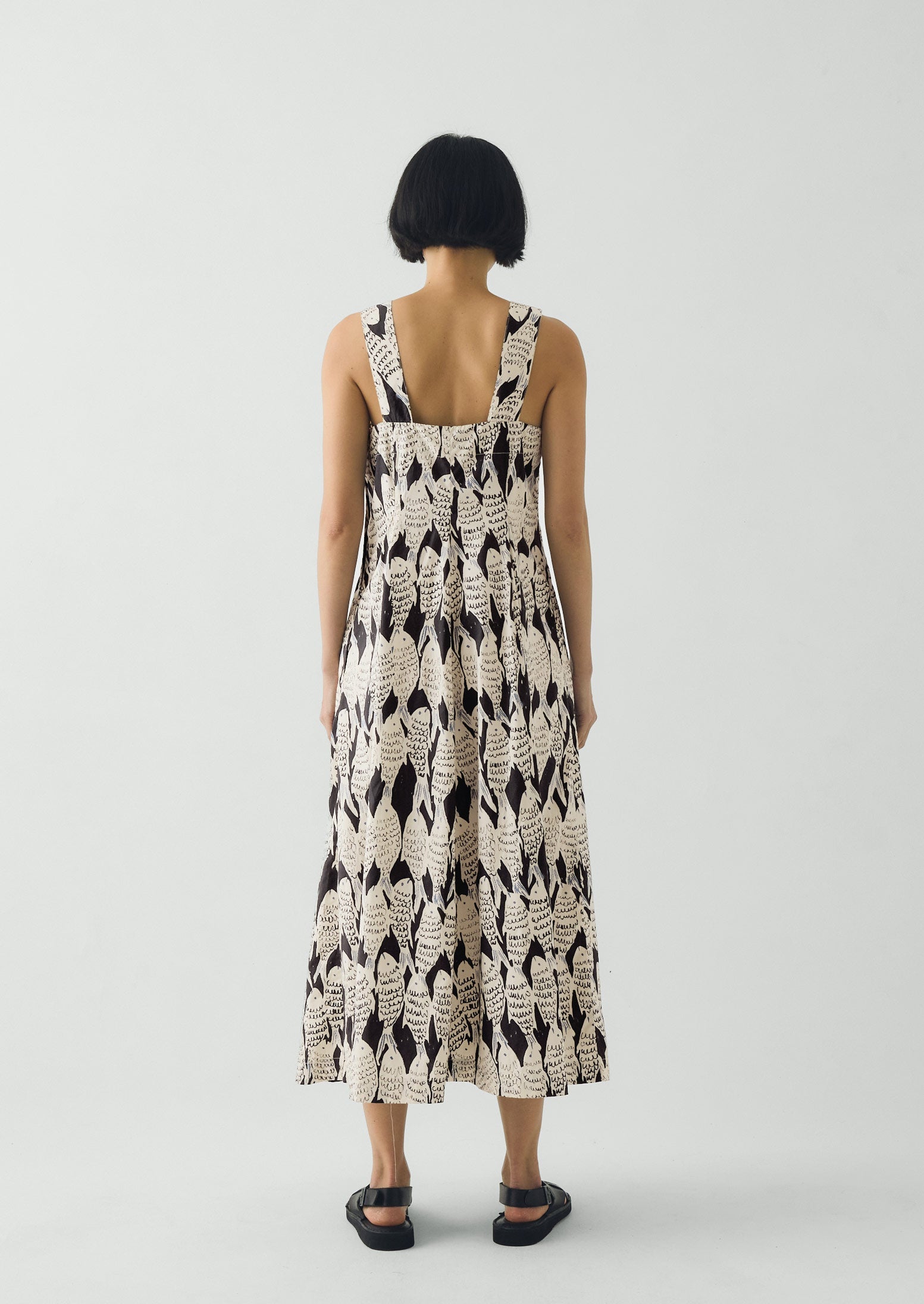 Market Fish Print Cotton Poplin Dress | Slate