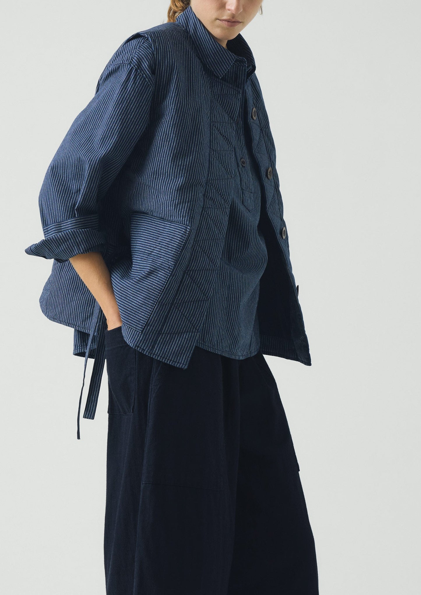 Railroad Stripe Side Tie Vest | Denim Blue