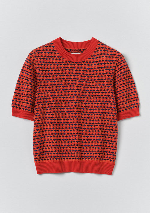 Jacquard Knitted Cotton Top | Red Multi