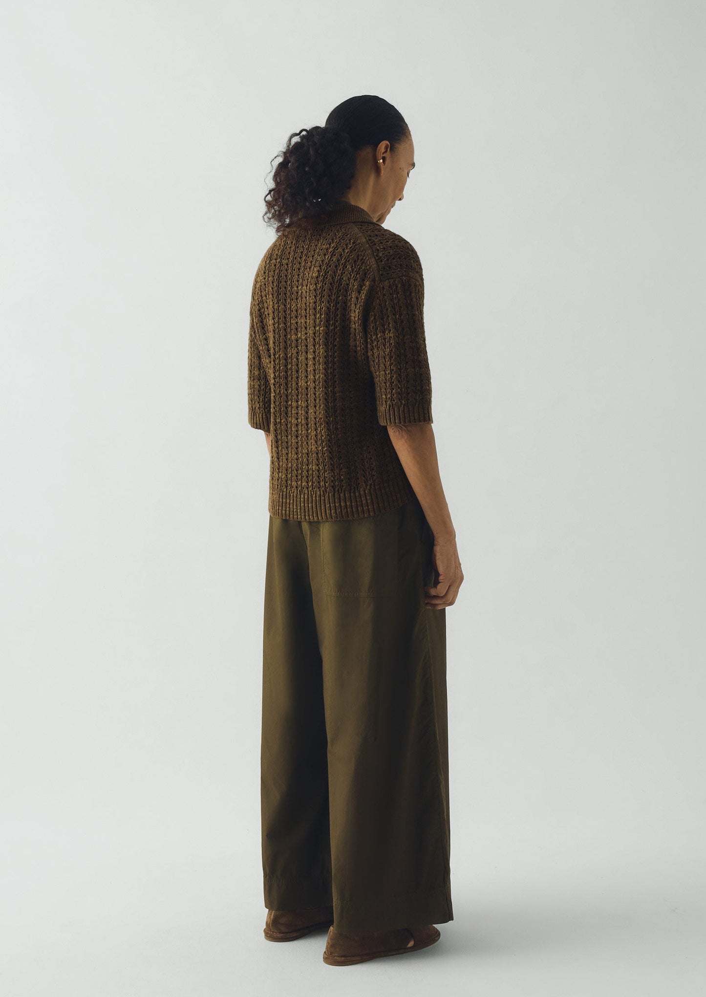 Open Stitch Knitted Linen Cotton Polo | Bronze Green