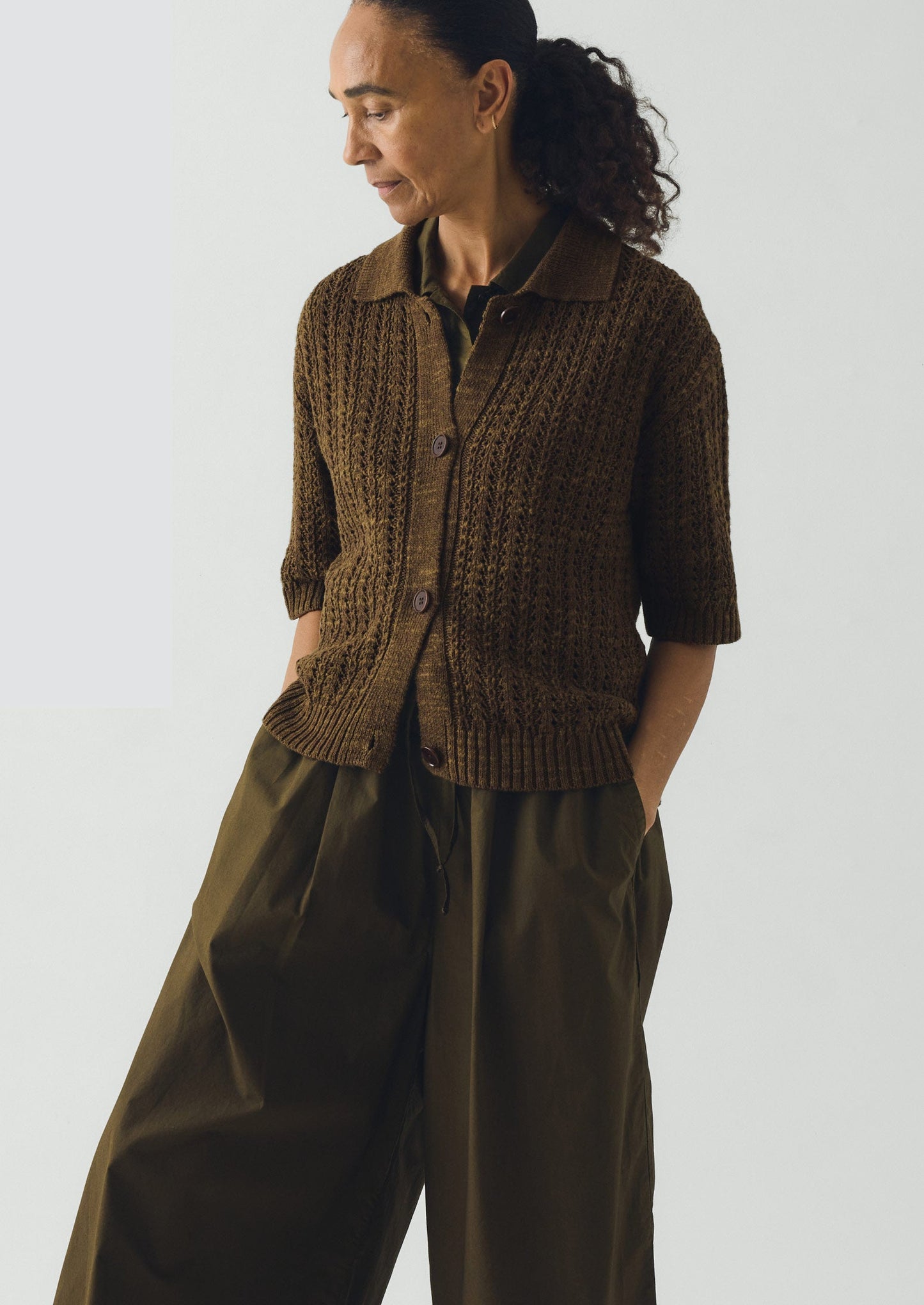 Open Stitch Knitted Linen Cotton Polo | Bronze Green