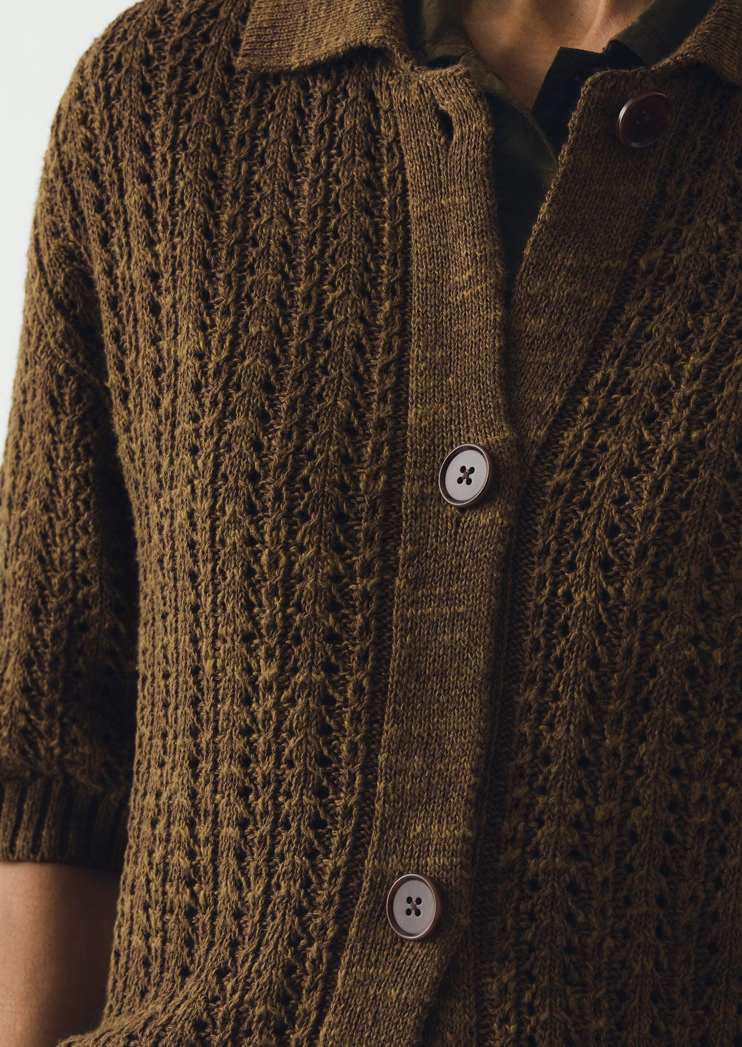 Open Stitch Knitted Linen Cotton Polo | Bronze Green