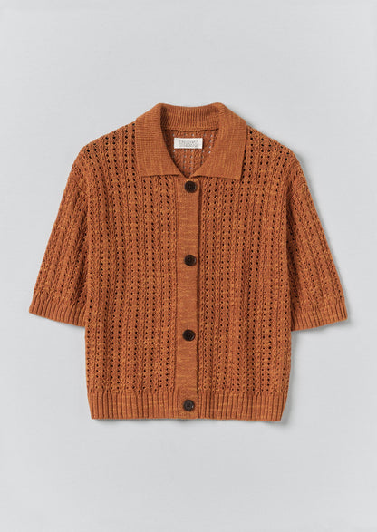 Open Stitch Knitted Linen Cotton Polo | Amber