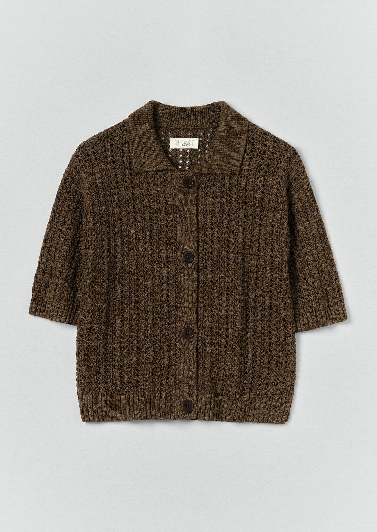 Open Stitch Knitted Linen Cotton Polo | Bronze Green