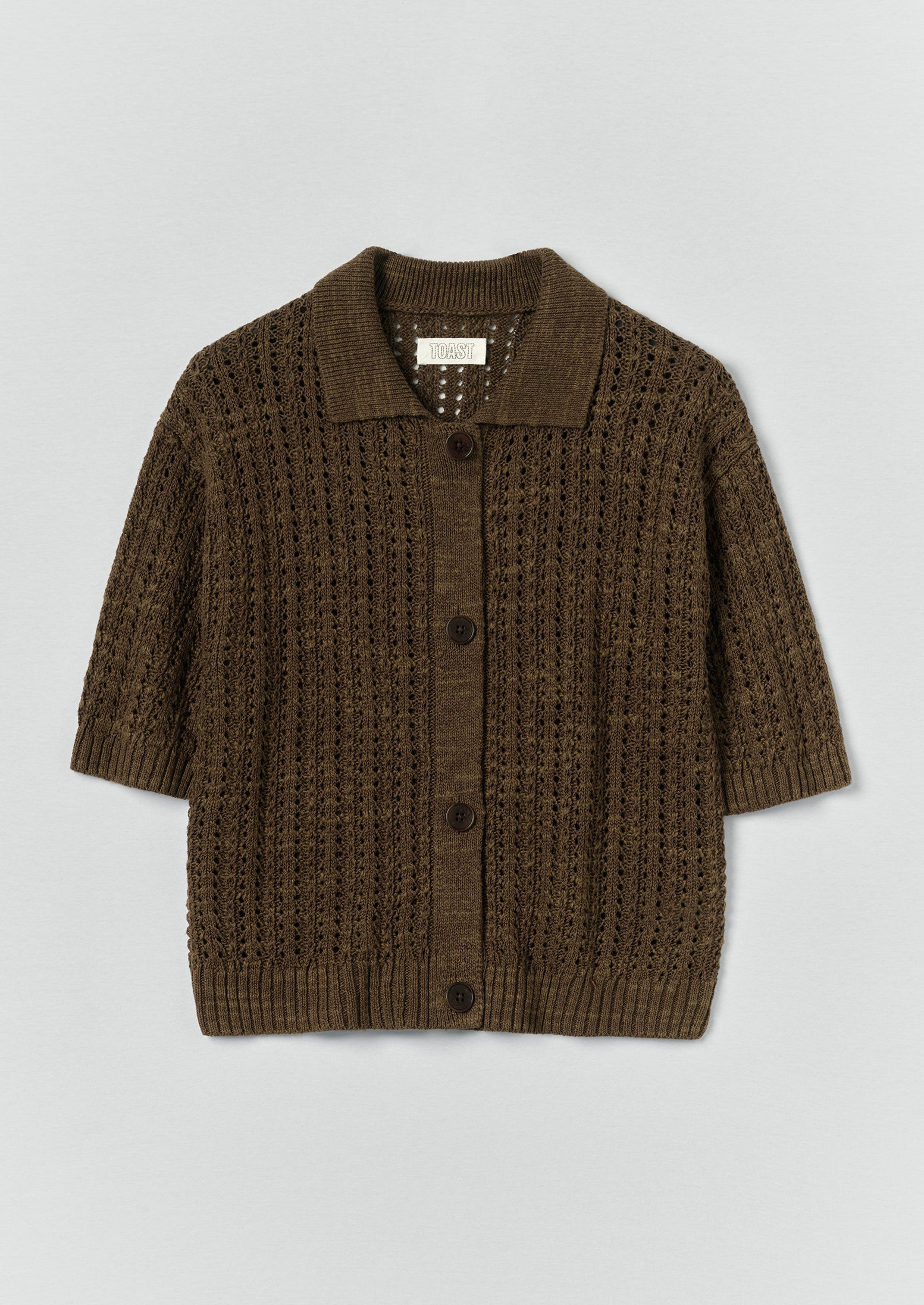 Open Stitch Knitted Linen Cotton Polo | Bronze Green