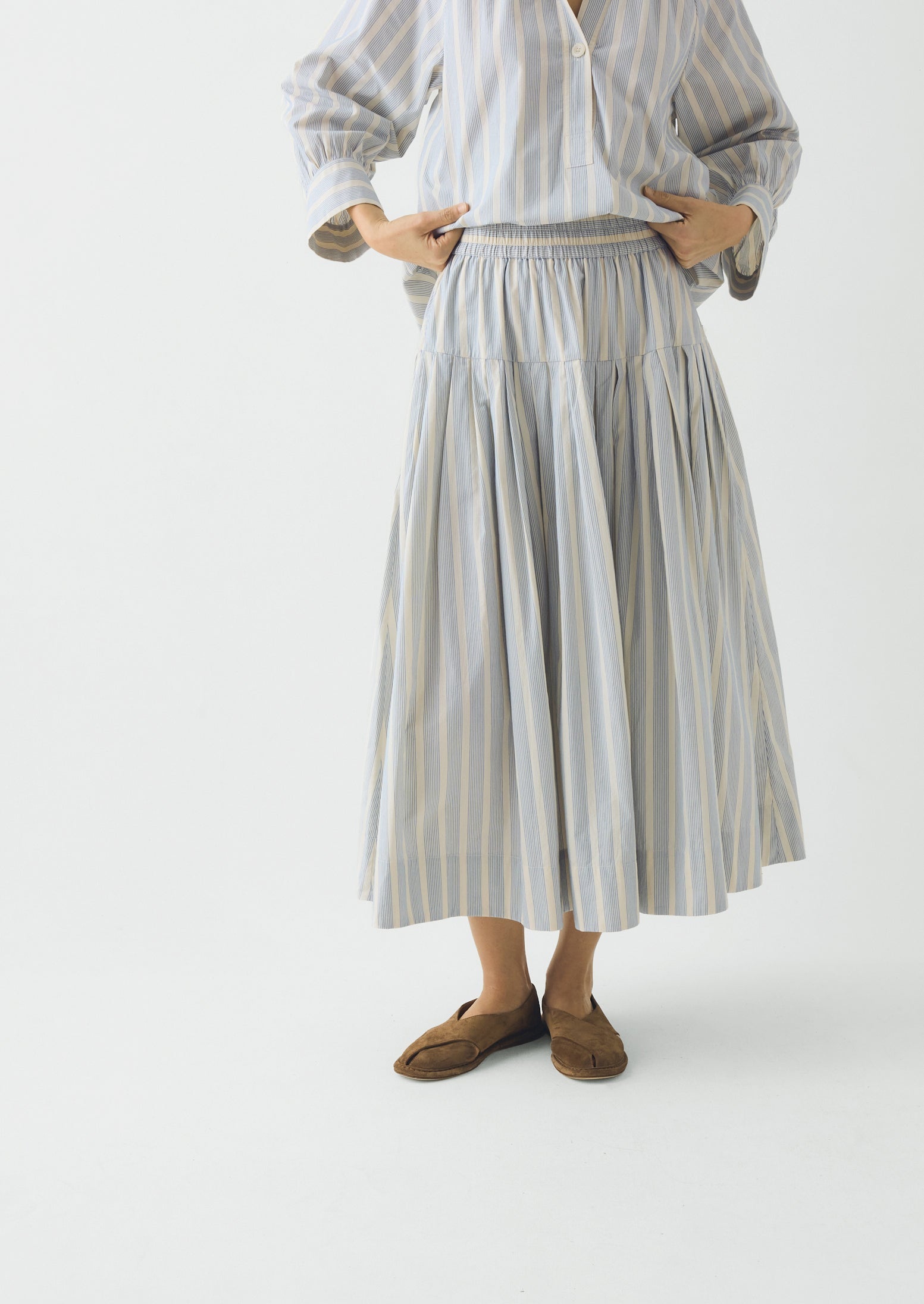 Pleated Stripe Cotton Skirt | Ecru/Blue