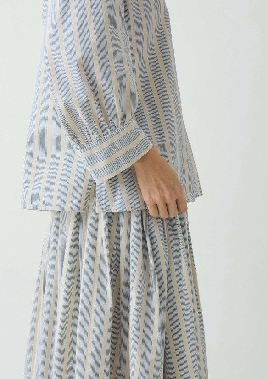 Pleated Stripe Cotton Skirt | Ecru/Blue