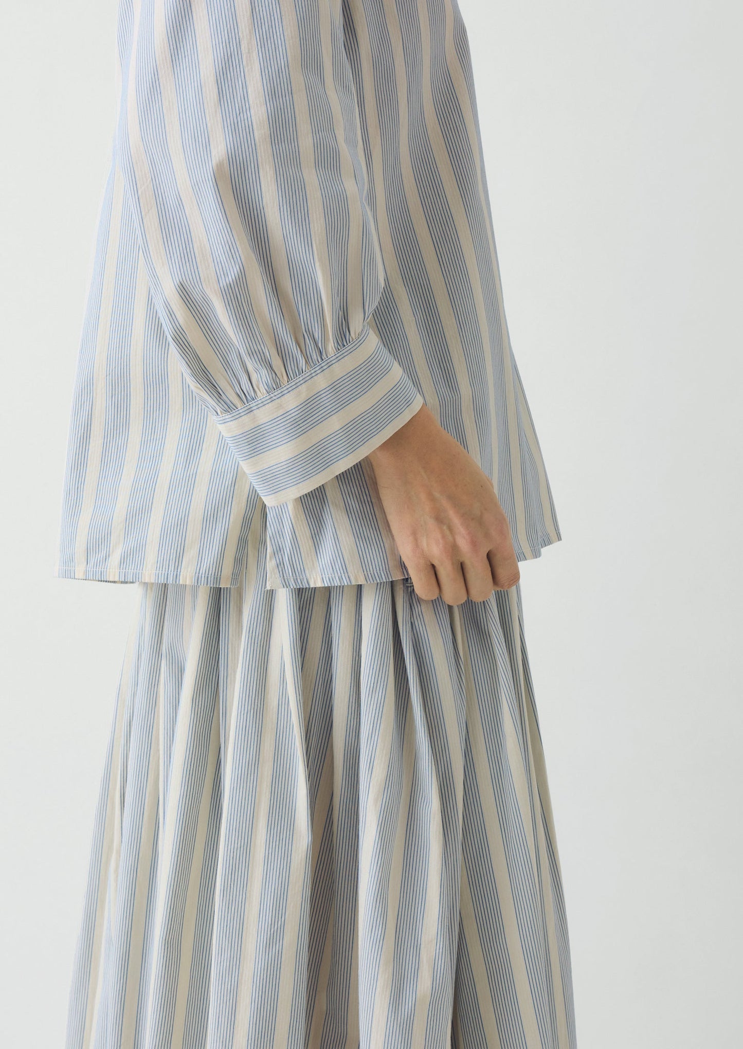 Pleated Stripe Cotton Skirt | Ecru/Blue