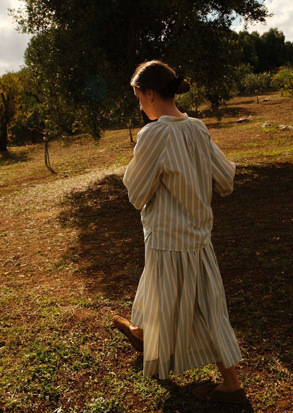 Pleated Stripe Cotton Skirt | Ecru/Blue