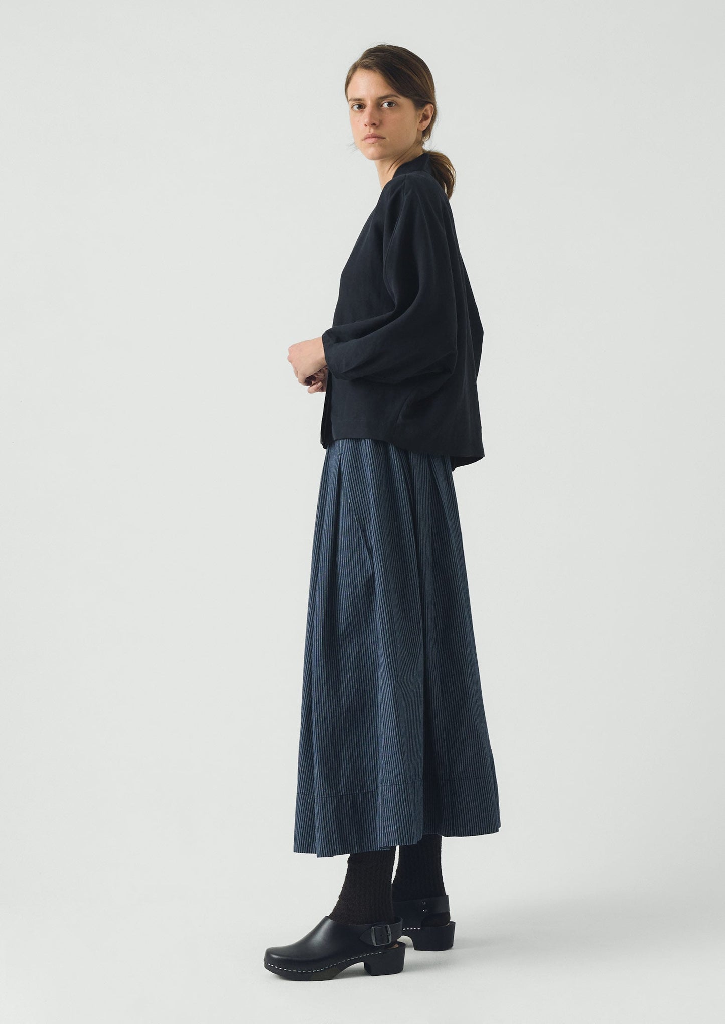Railroad Stripe Pleated Cotton Skirt | Denim Blue