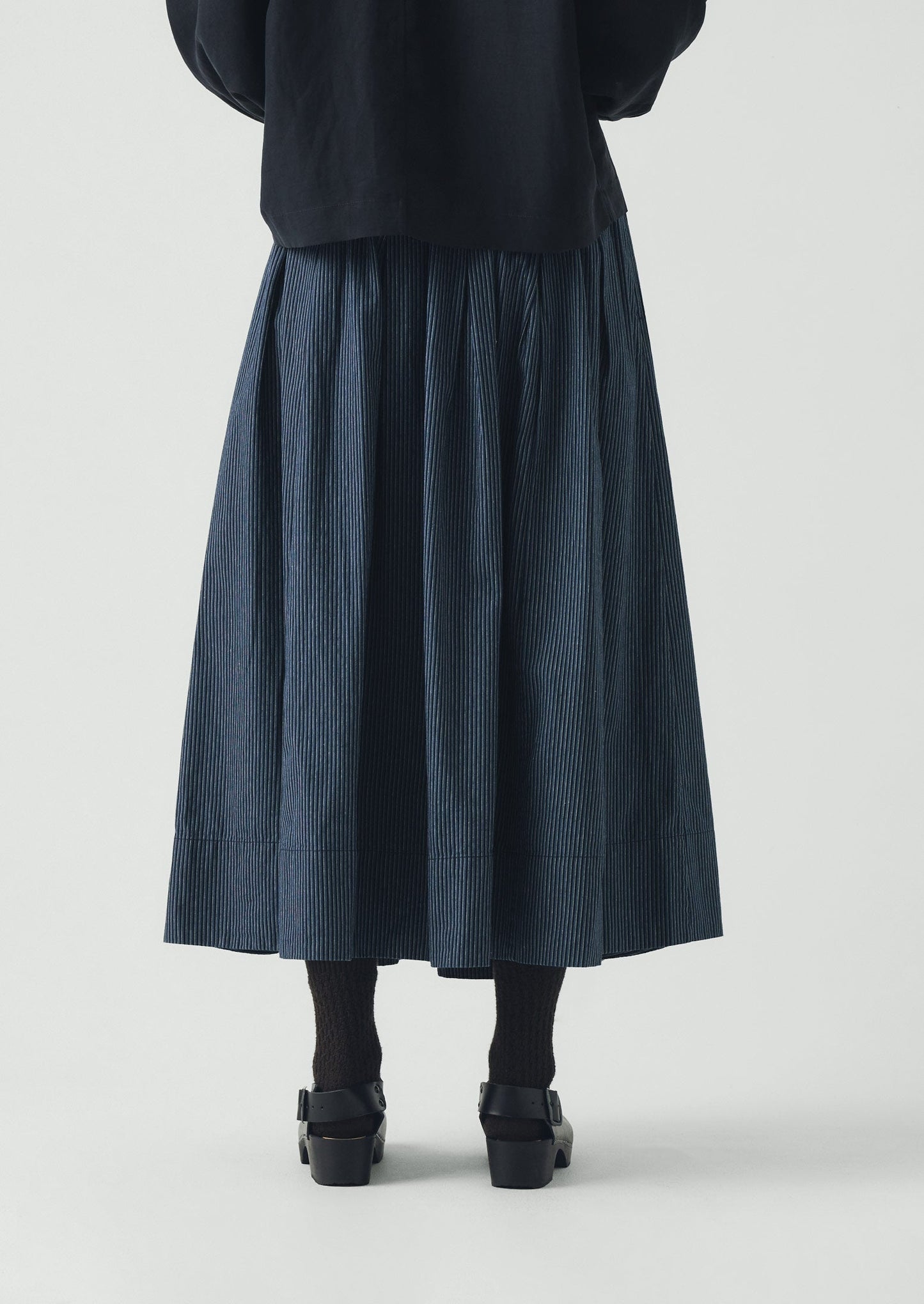 Railroad Stripe Pleated Cotton Skirt | Denim Blue